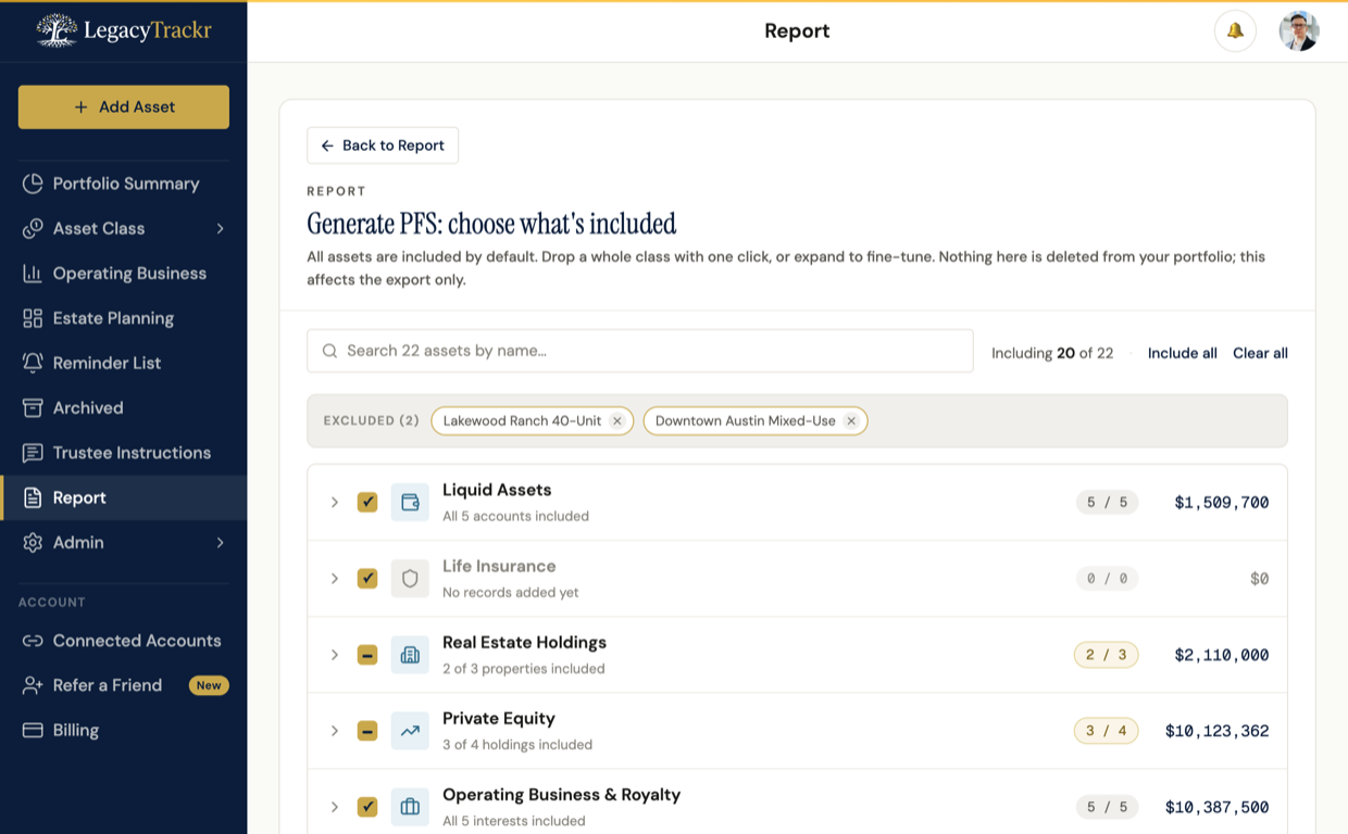 LegacyTrackr Personal Financial Statement, generated on demand